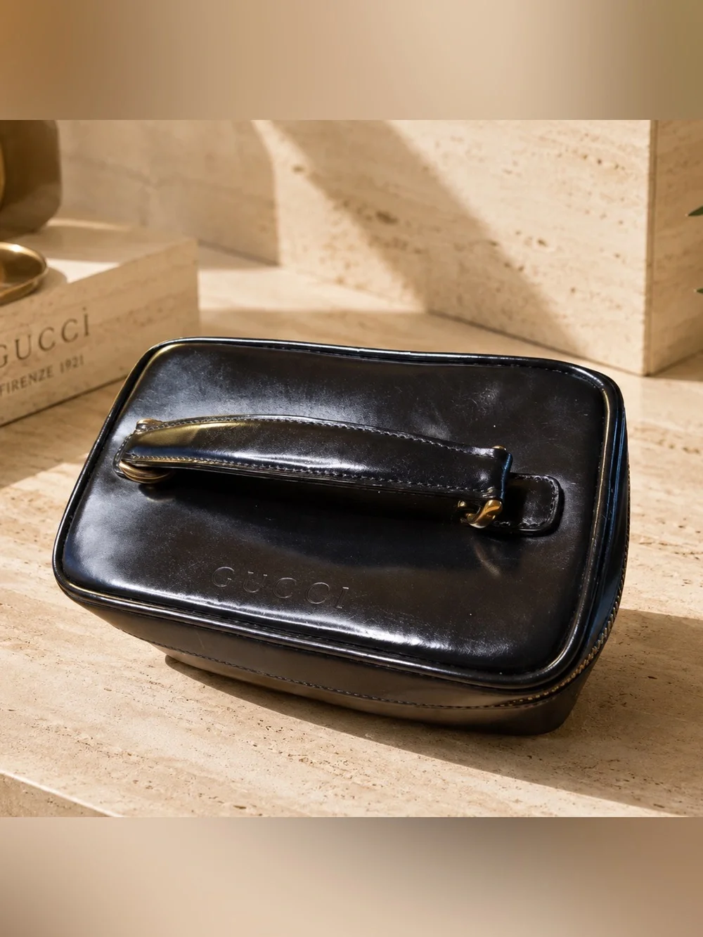 Gucci Vintage Black Patent Leather Cosmetic Vanity Pouch with Bamboo Pulls